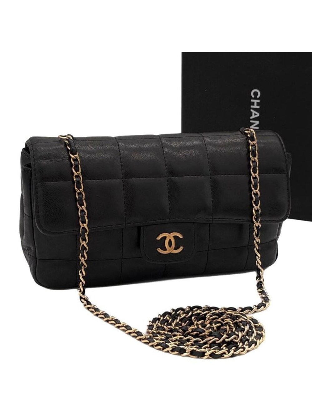 Chanel Choco Bar Lambskin Chain Shoulder Bag Black Gold